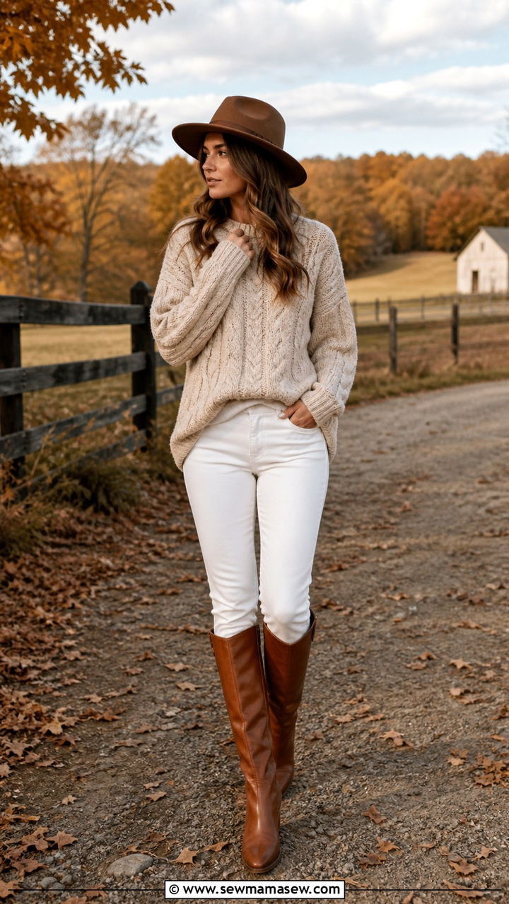 White Jeans With Chunky Knit Sweater And Boots - 40 casual white jeans outfits