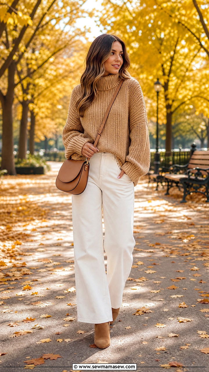White Jeans With Chunky Knit Sweater And Tan Accessories - 30 how to style jeans outfits