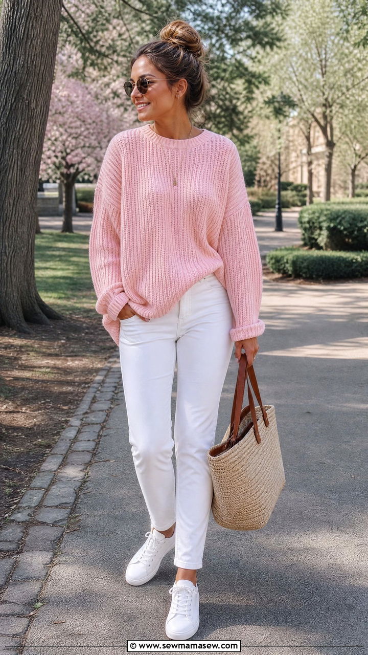 White Jeans With Chunky Knit Sweater Outfit - 25 March outfit ideas