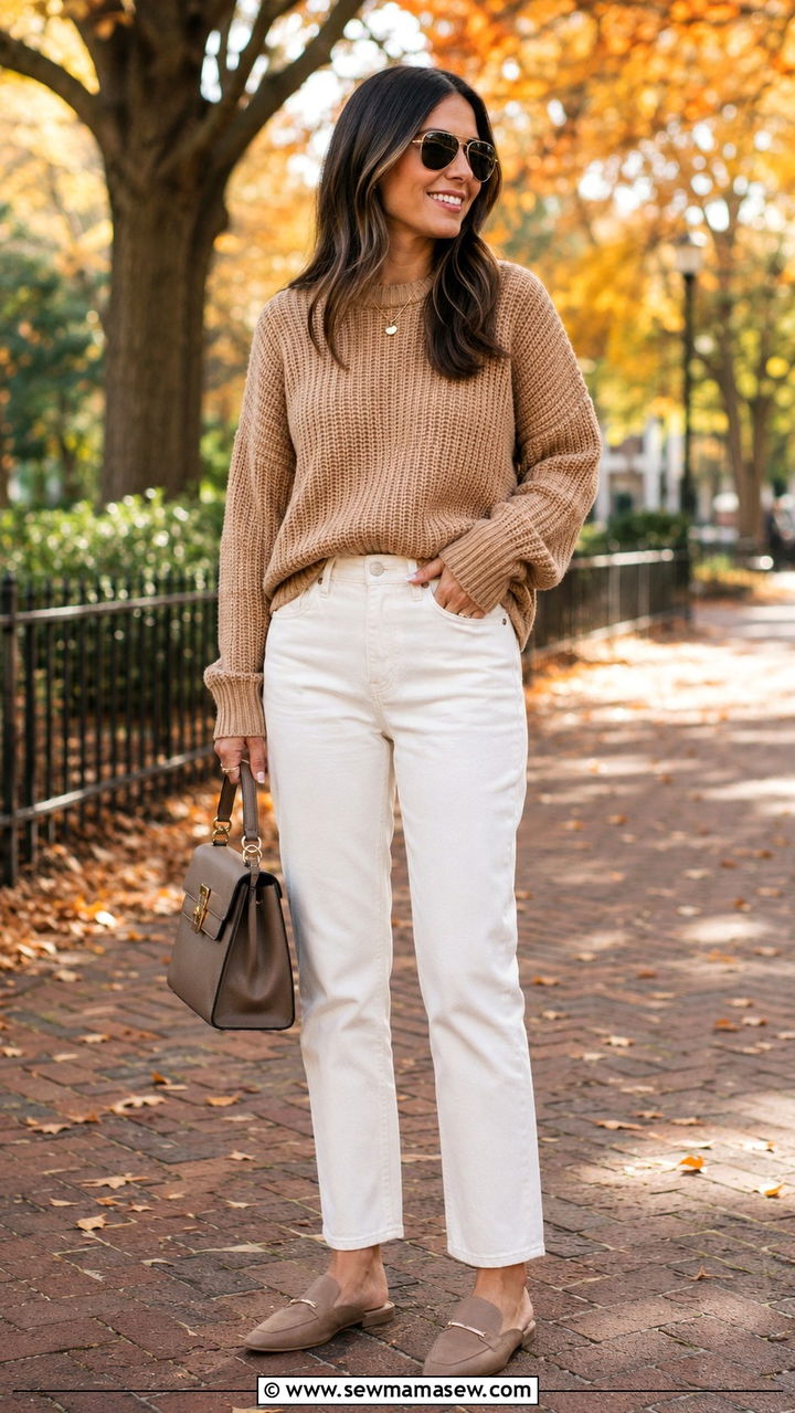White Jeans With Chunky Sweater and Mules - 25 White jeans outfit ideas with flats