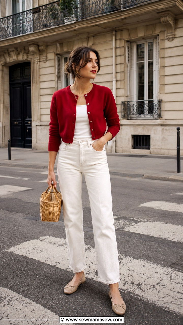 White Jeans With Cropped Cardigan and Ballet Flats - 25 White jeans outfit ideas with flats
