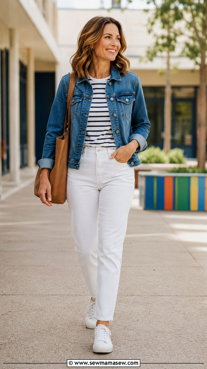 White Jeans With Denim Jacket And Striped Top - 30 Teacher outfits with jeans
