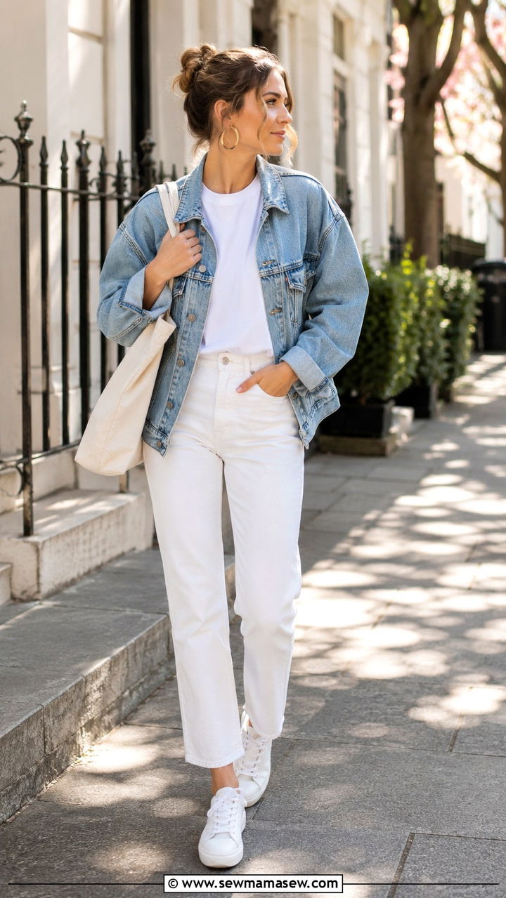 White Jeans With Denim Jacket and White Sneakers - 30 spring white jeans outfit ideas
