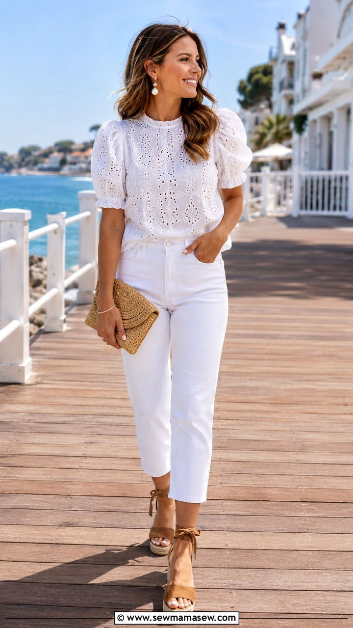 White Jeans With Eyelet Top and Espadrille Wedges - 30 spring white jeans outfit ideas