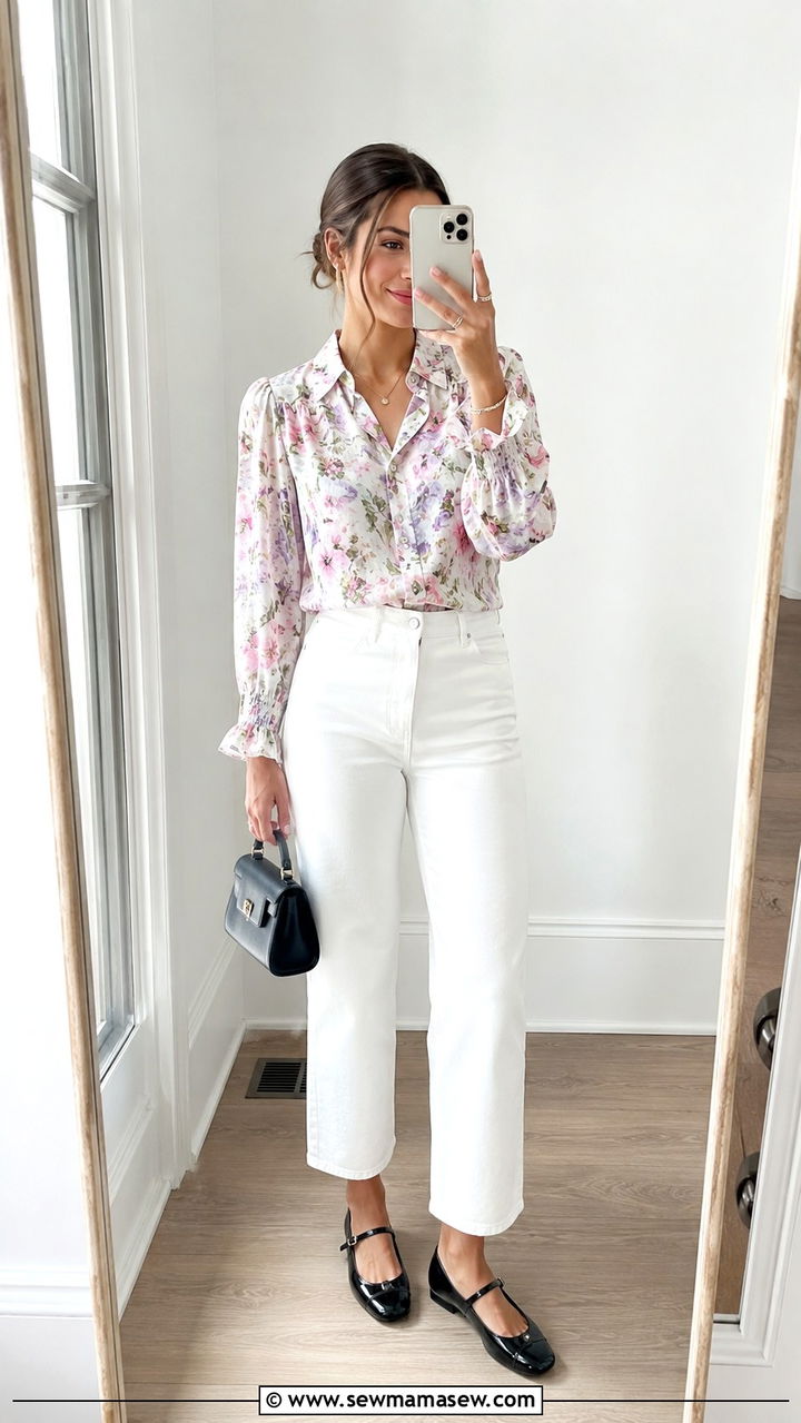 White Jeans With Floral Blouse and Mary Janes - 25 White jeans outfit ideas with flats