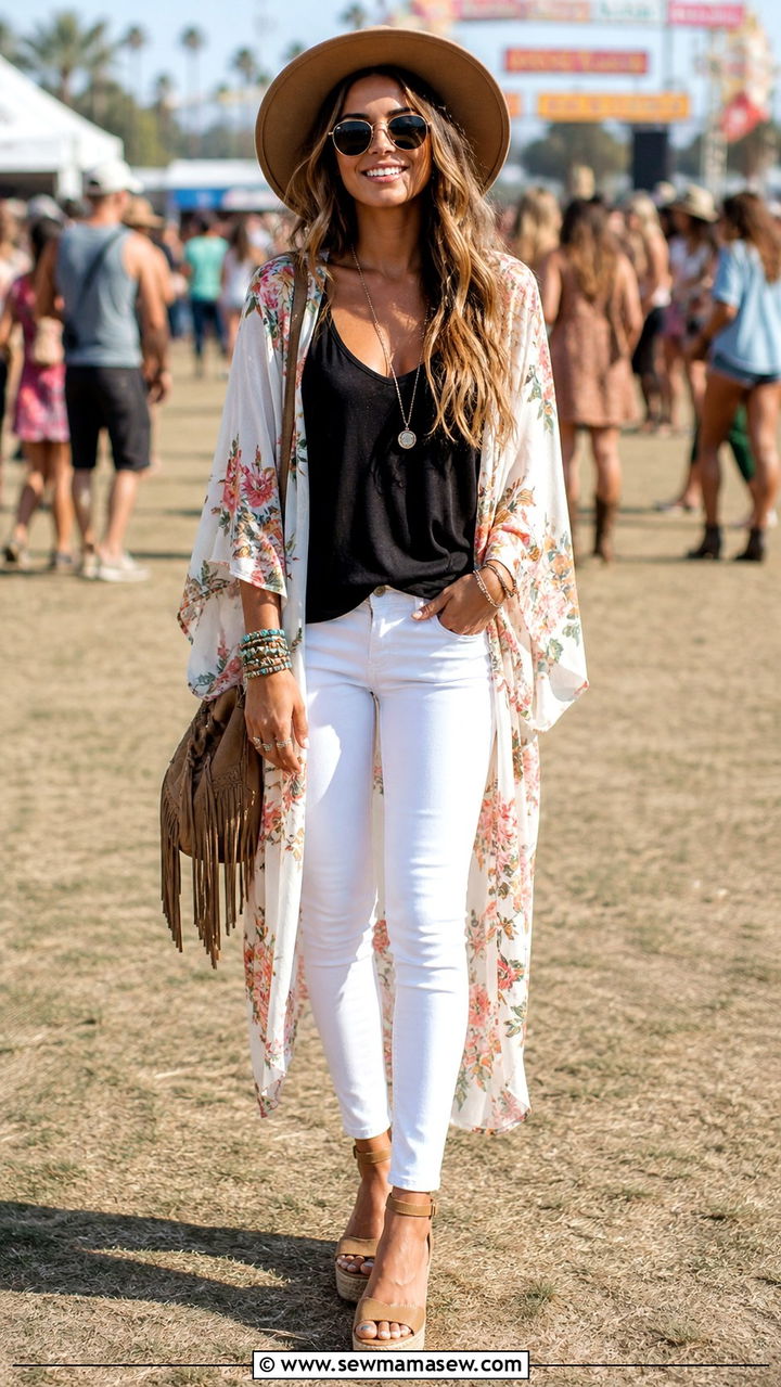 White Jeans With Floral Kimono And Wedge Sandals - 40 casual white jeans outfits