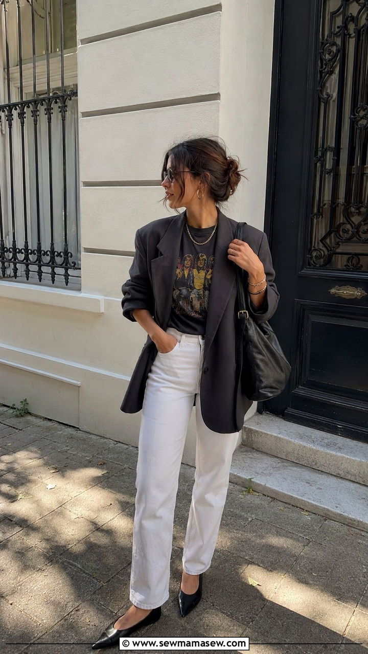 White Jeans With Graphic Tee and Oversized Blazer - 30 spring white jeans outfit ideas