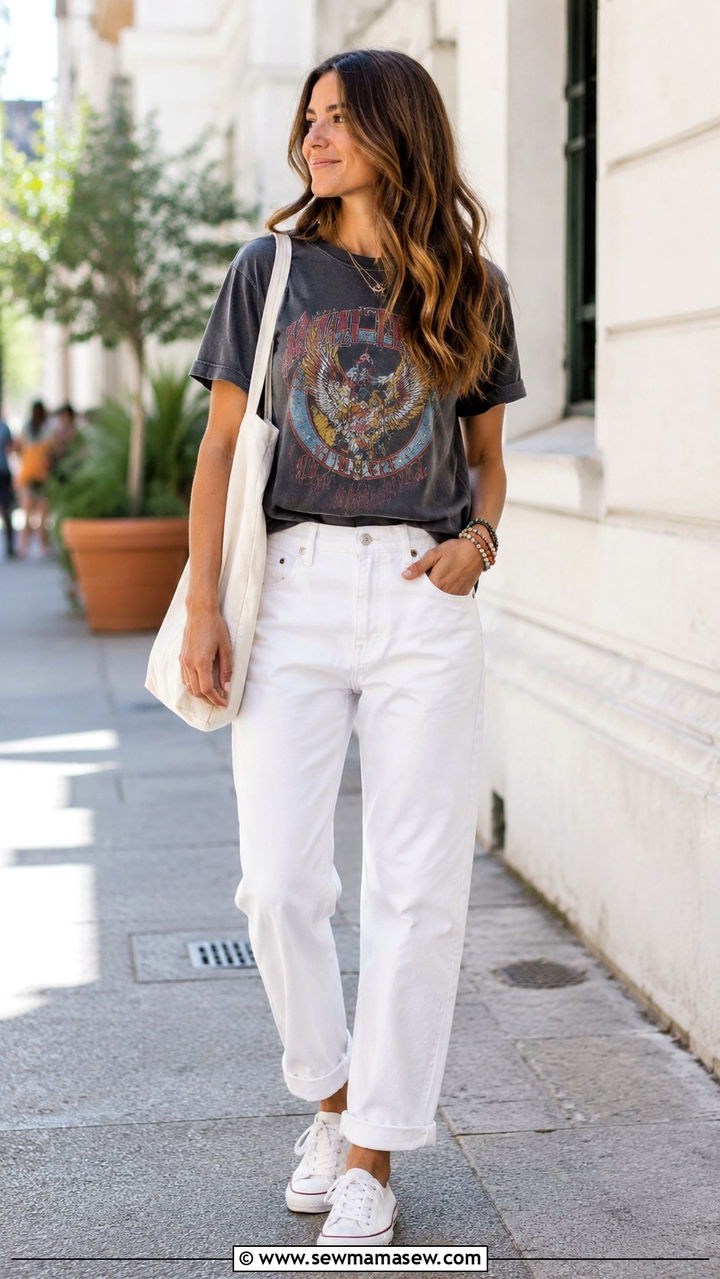 White Jeans With Graphic Tee and White Sneakers - 25 White jeans outfit ideas with flats