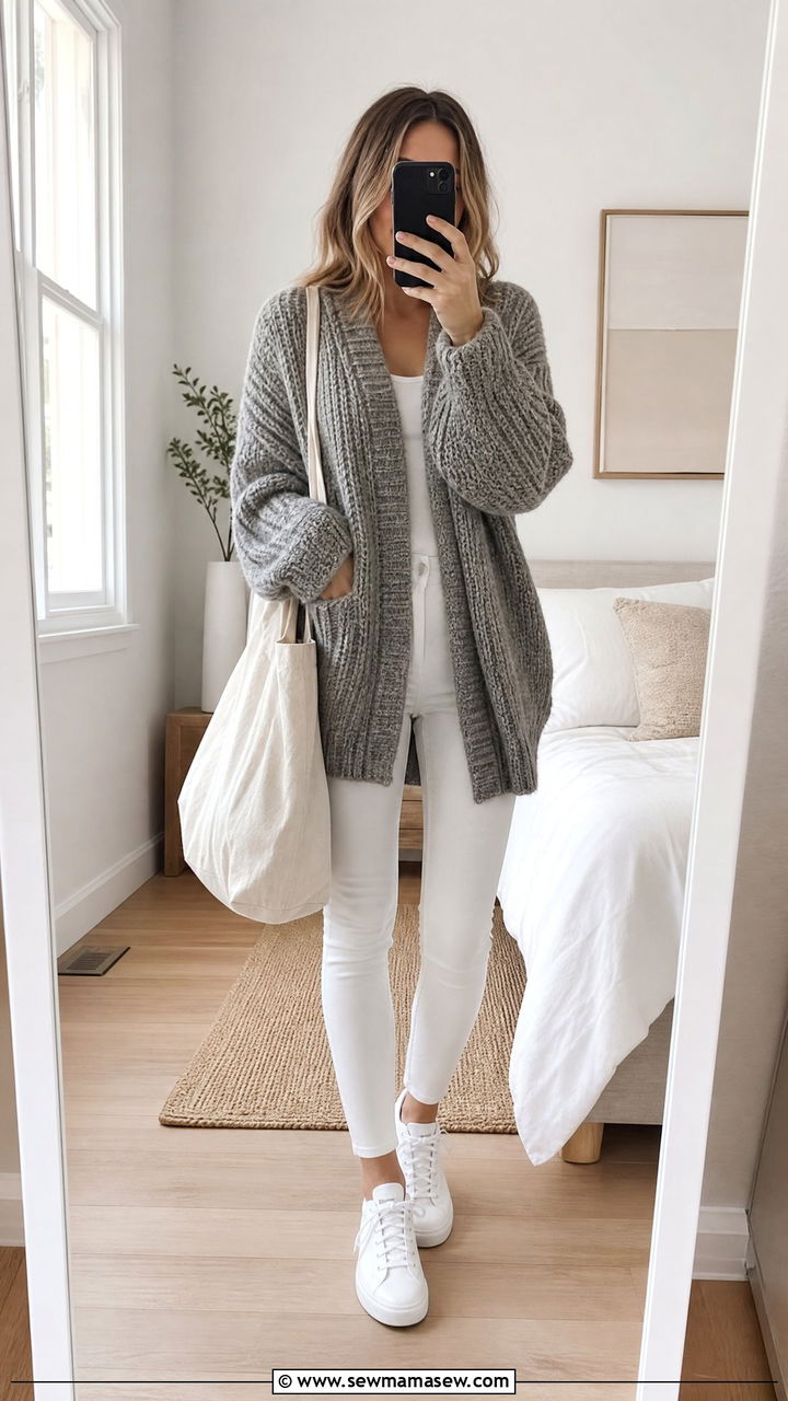 White Jeans With Grey Chunky Cardigan Outfit - 25 White jeans outfit ideas with a cardigan