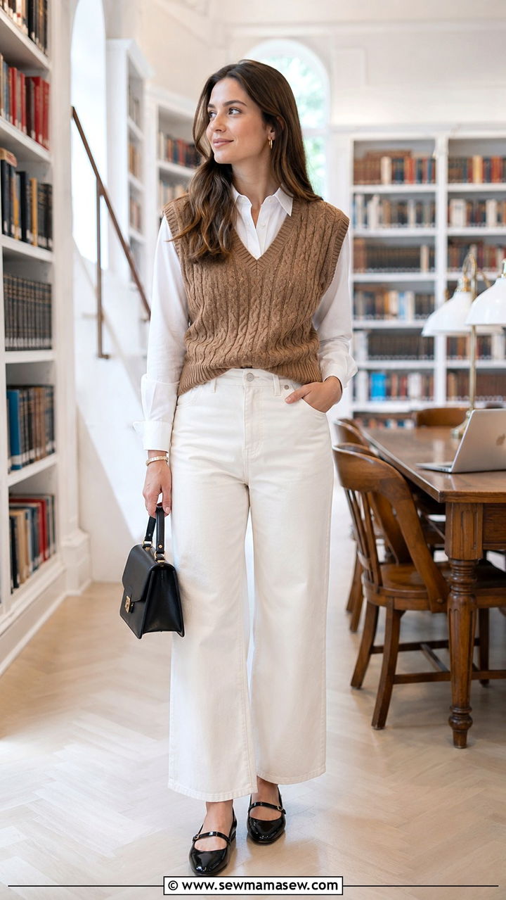 White Jeans With Knit Vest and Mary Jane Flats - 25 White jeans outfit ideas with flats