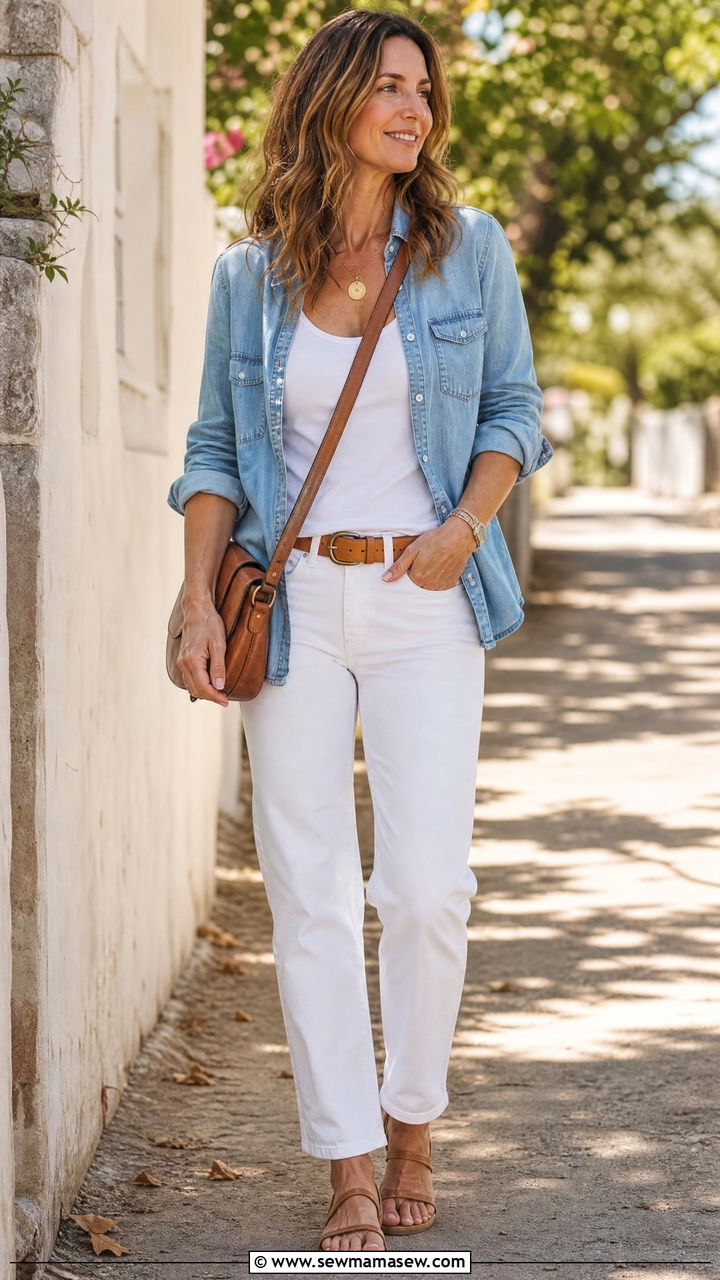 White Jeans With Light Wash Denim Shirt - 35 jeans outfits for women over 40
