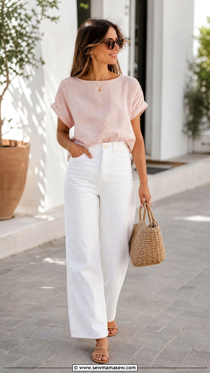 White Jeans With Linen Top - 30 summer outfits for new moms