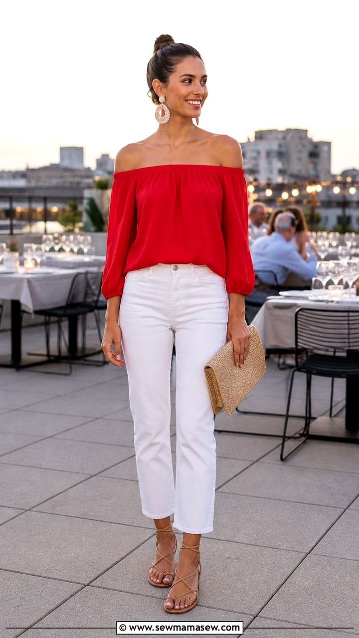 White Jeans With Off Shoulder Top And Strappy Sandals - 40 casual white jeans outfits