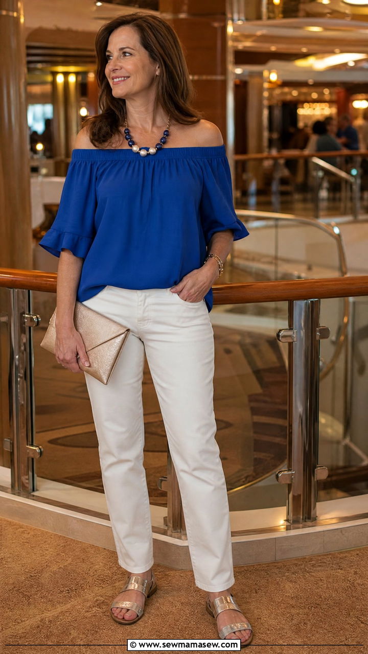 White Jeans With Off Shoulder Top Cruise Dinner Outfit - 35 Mediterranean cruise outfit ideas
