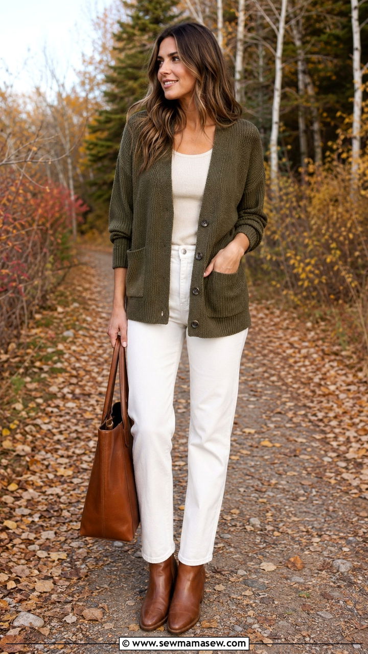 White Jeans With Olive Green Cardigan Outfit - 25 White jeans outfit ideas with a cardigan