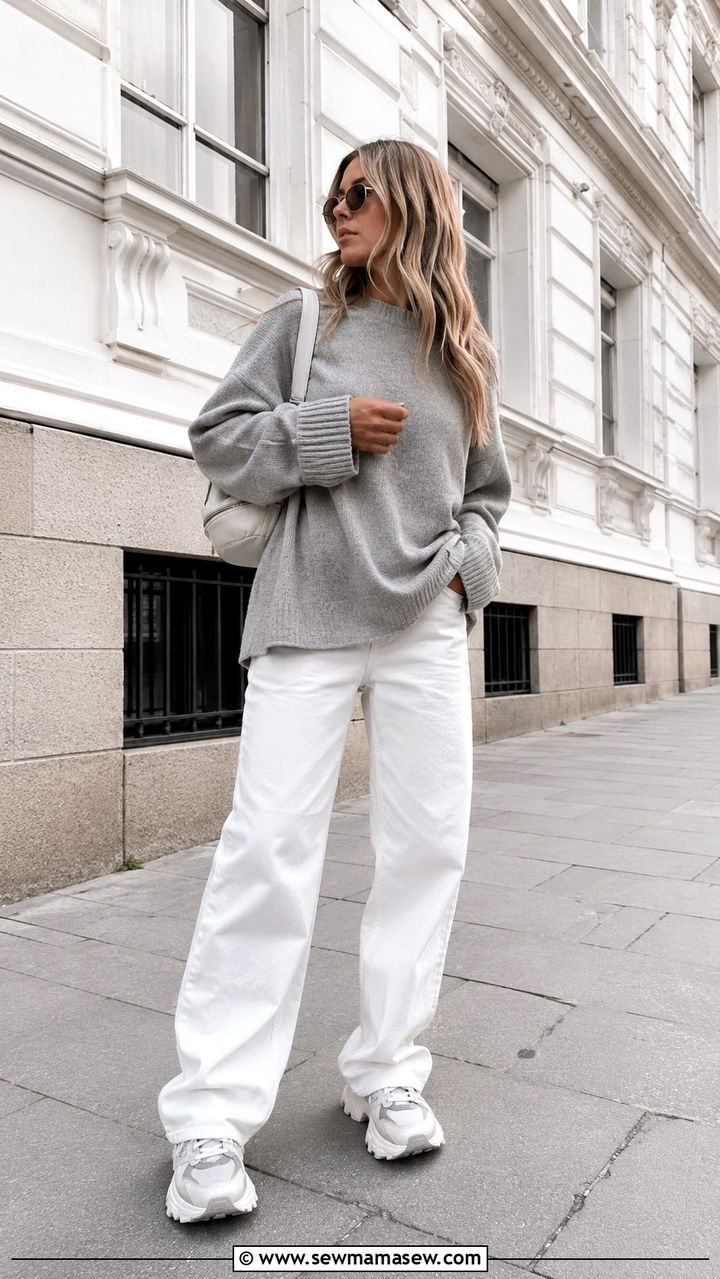 White Jeans With Oversized Gray Sweater Outfit - 25 White jeans outfit ideas with a sweater