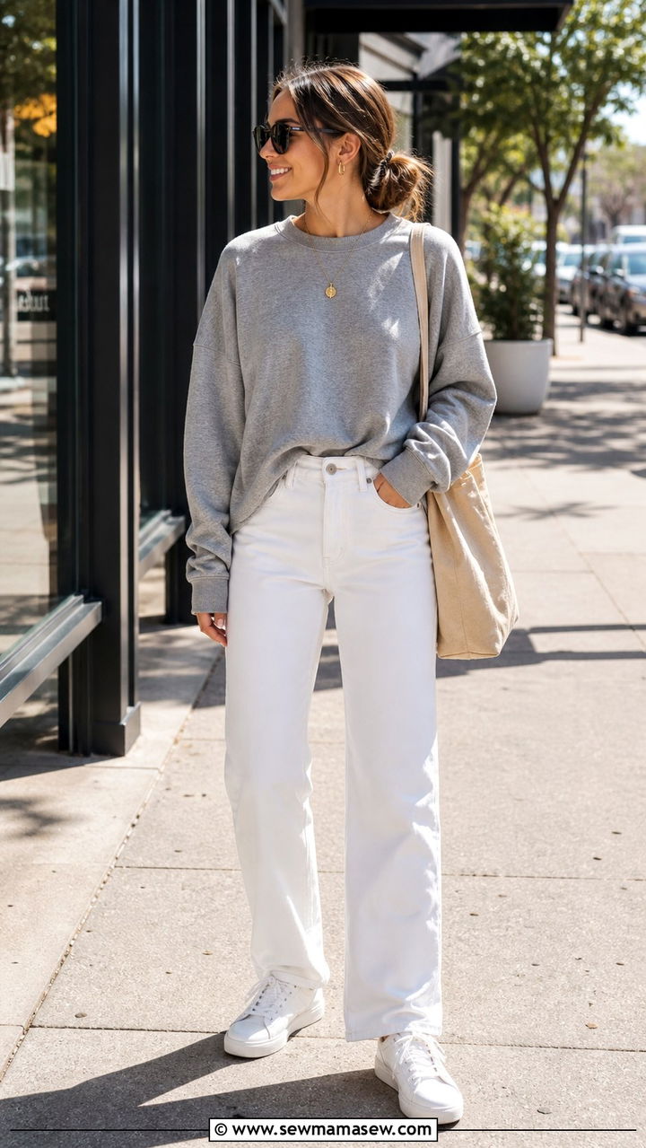 White Jeans With Oversized Sweatshirt And Sneakers - 40 casual white jeans outfits