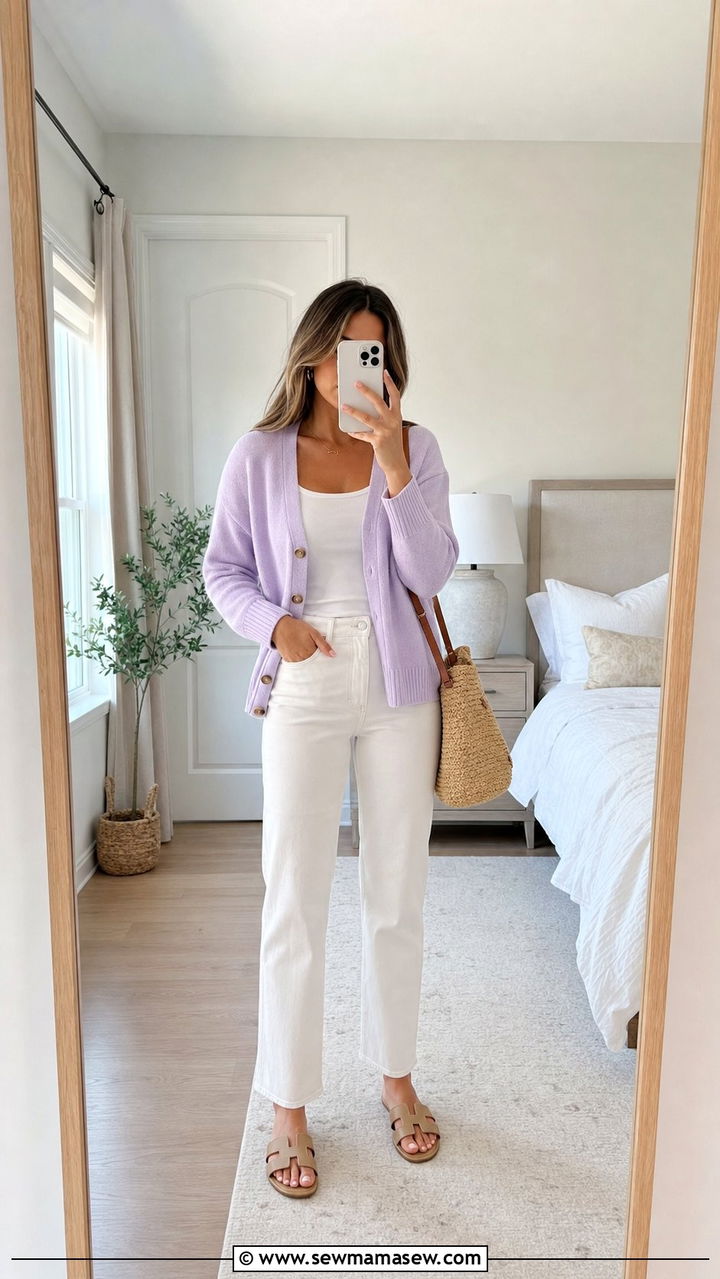 White Jeans With Pastel Cardigan and Neutral Sandals - 25 spring easy outfit formulas