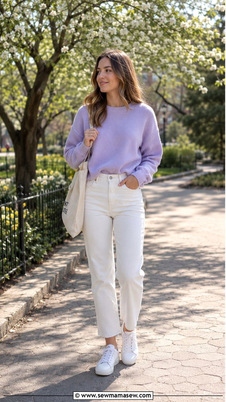 White Jeans With Pastel Sweater And White Sneakers - 30 Spring outfits with white jeans