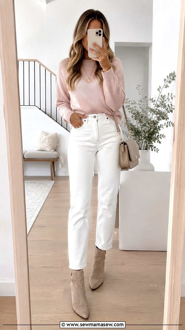 White Jeans With Pastel Sweater and Ankle Boots - 30 spring white jeans outfit ideas