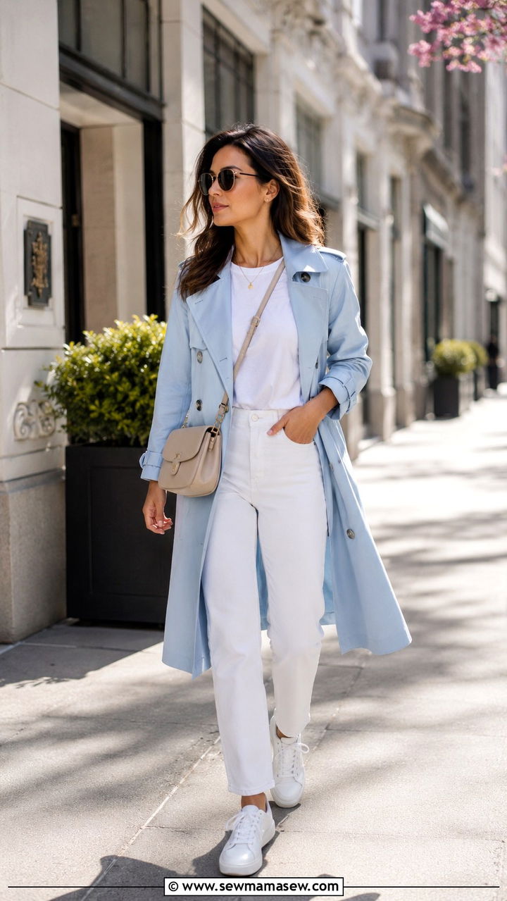 White Jeans With Pastel Trench Coat and Sneakers - 30 spring white jeans outfit ideas