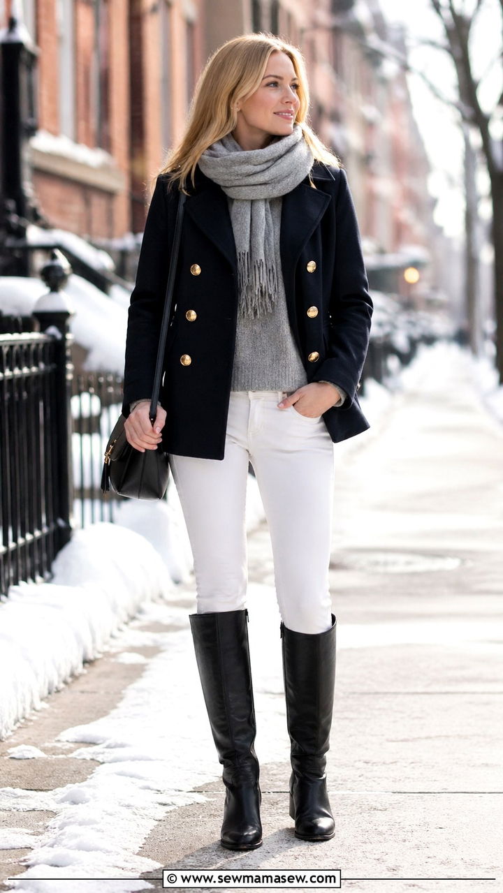 White Jeans With Pea Coat And Knee High Boots - 40 casual white jeans outfits