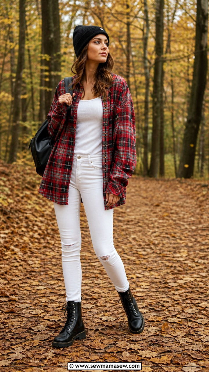 White Jeans With Plaid Shirt And Combat Boots - 40 casual white jeans outfits
