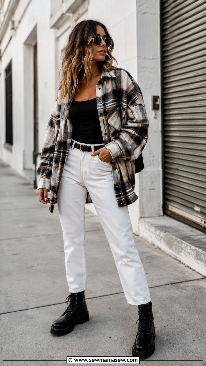 White Jeans With Shacket And Combat Boots - 30 Spring outfits with white jeans