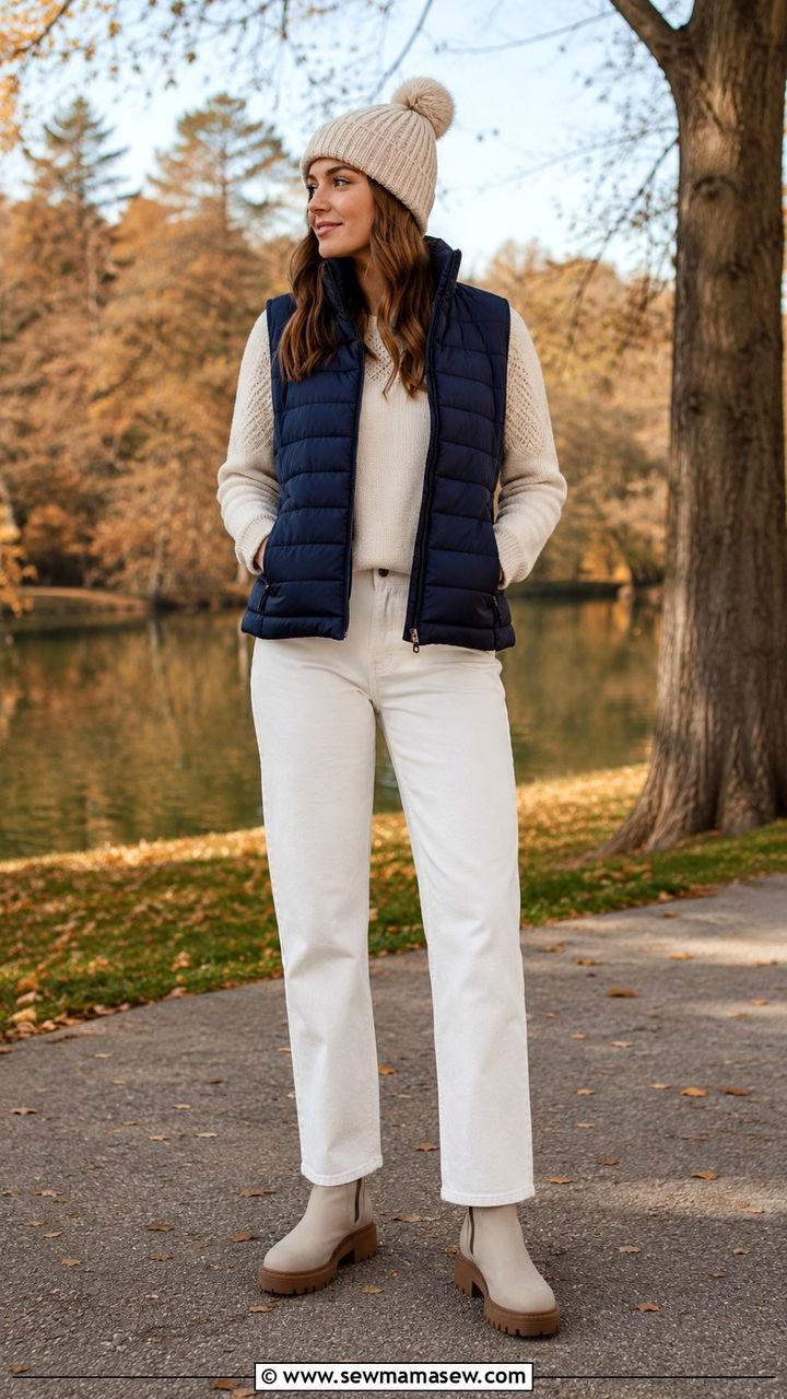 White Jeans With Sweater and Puffer Vest Outfit - 25 White jeans outfit ideas with a sweater