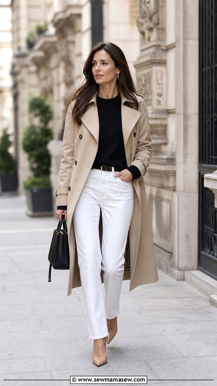 White Jeans With Sweater and Trench Coat Outfit - 25 White jeans outfit ideas with a sweater