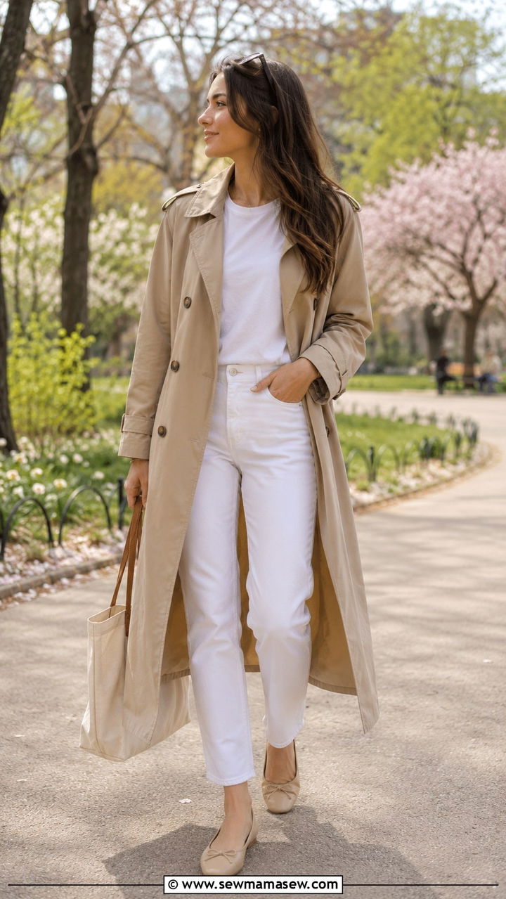 White Jeans With Trench Coat And Ballet Flats - 30 Spring outfits with white jeans