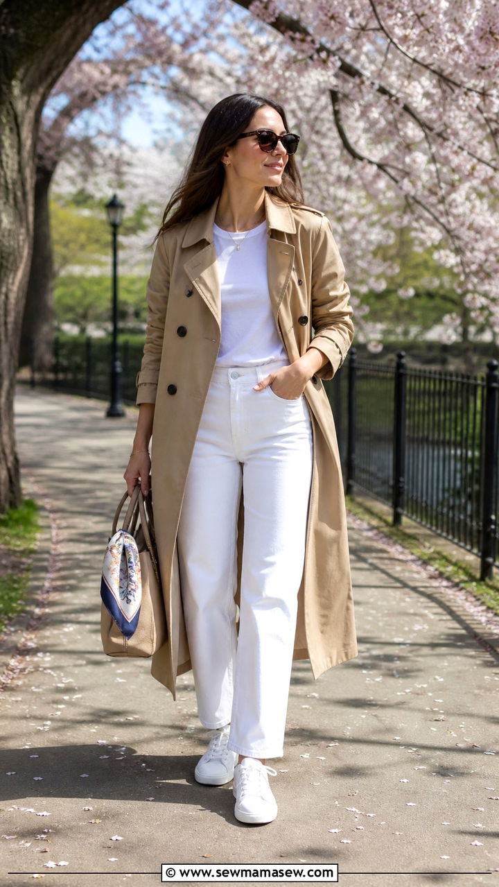 White Jeans With Trench Coat And Sneakers - 40 casual white jeans outfits