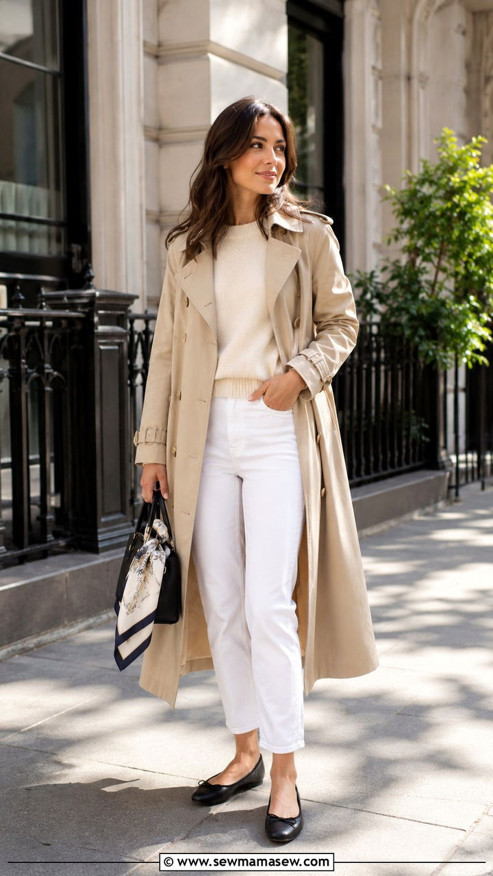 White Jeans With Trench Coat and Ballet Flats - 30 spring white jeans outfit ideas