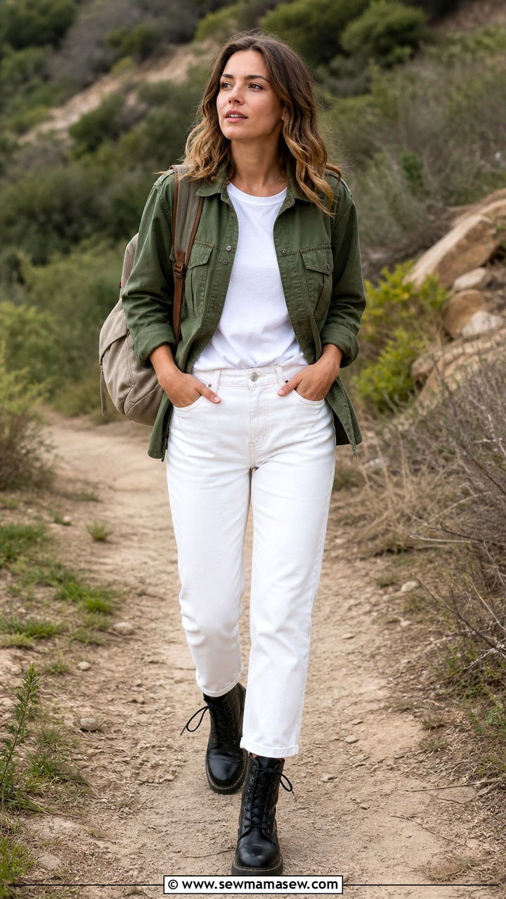 White Jeans With Utility Jacket And Combat Boots - 40 casual white jeans outfits