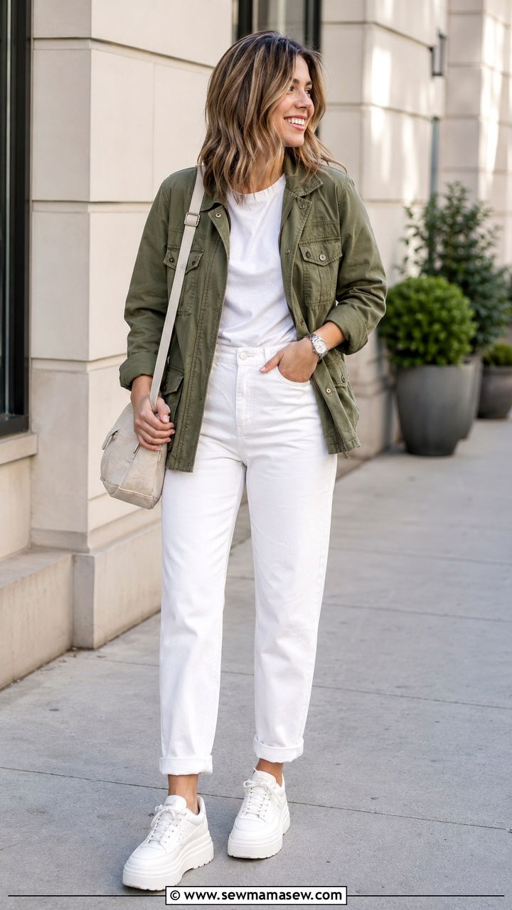 White Jeans With Utility Jacket and Chunky Sneakers - 30 spring white jeans outfit ideas