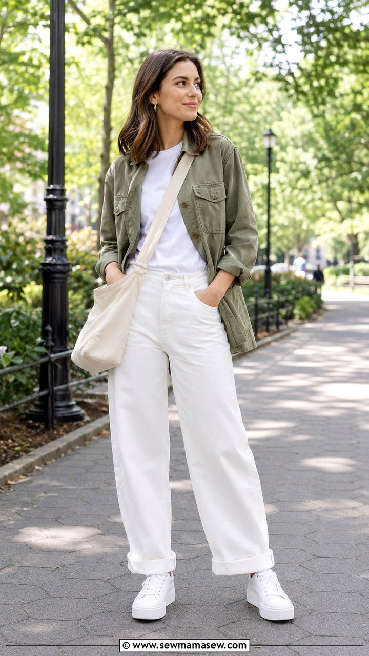 White Jeans With Utility Jacket and Platform Sneakers - 25 White jeans outfit ideas with flats