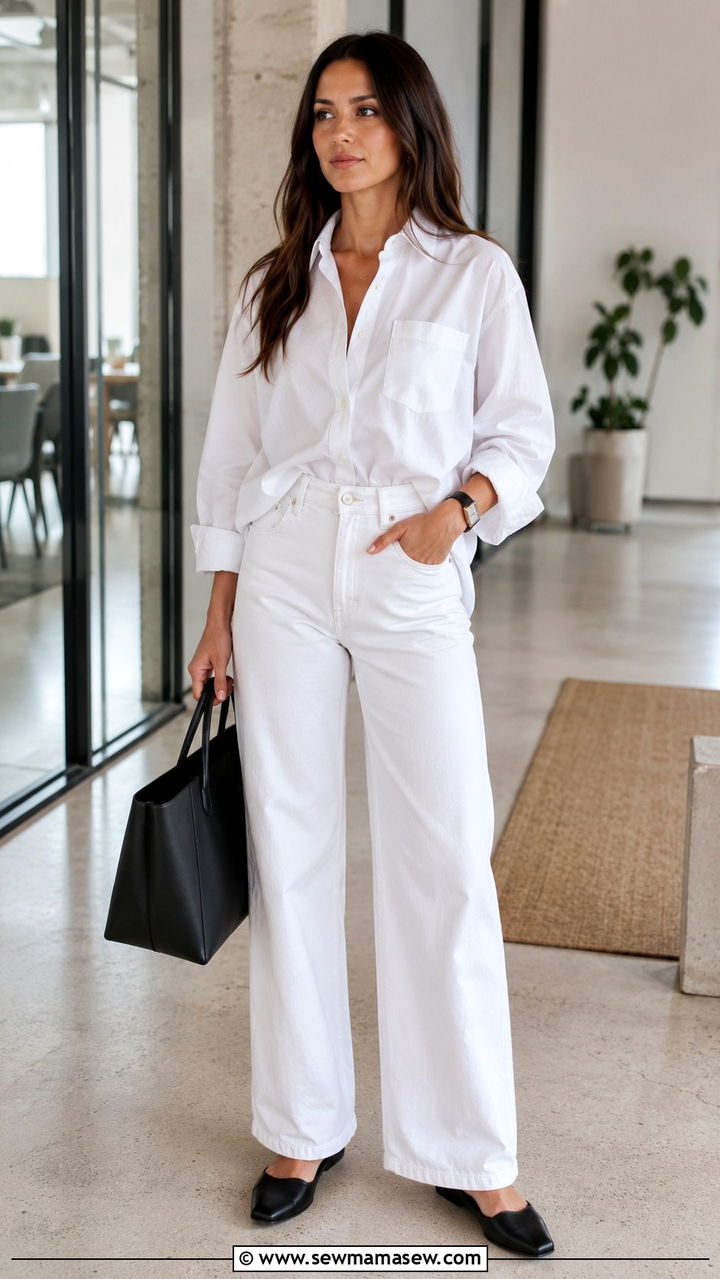 White Jeans With White Button Down and Mules - 25 White jeans outfit ideas with flats