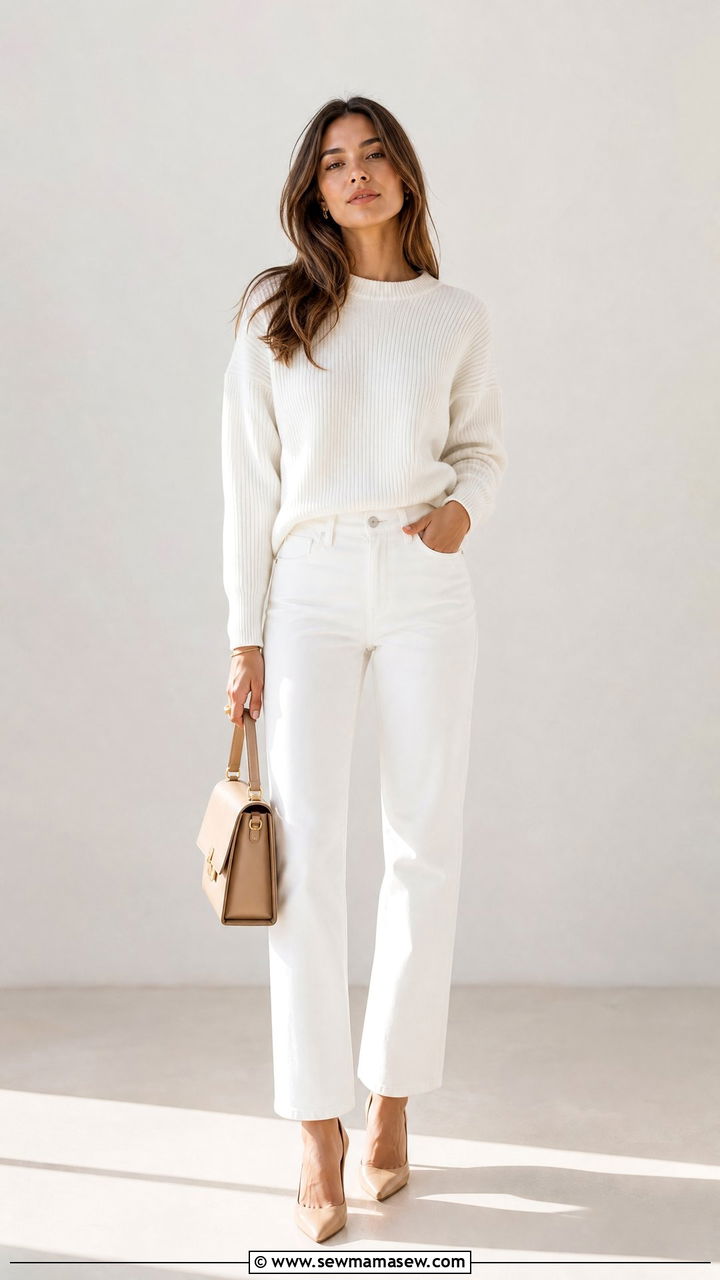 White Jeans With White Crewneck Sweater Outfit - 25 White jeans outfit ideas with a sweater