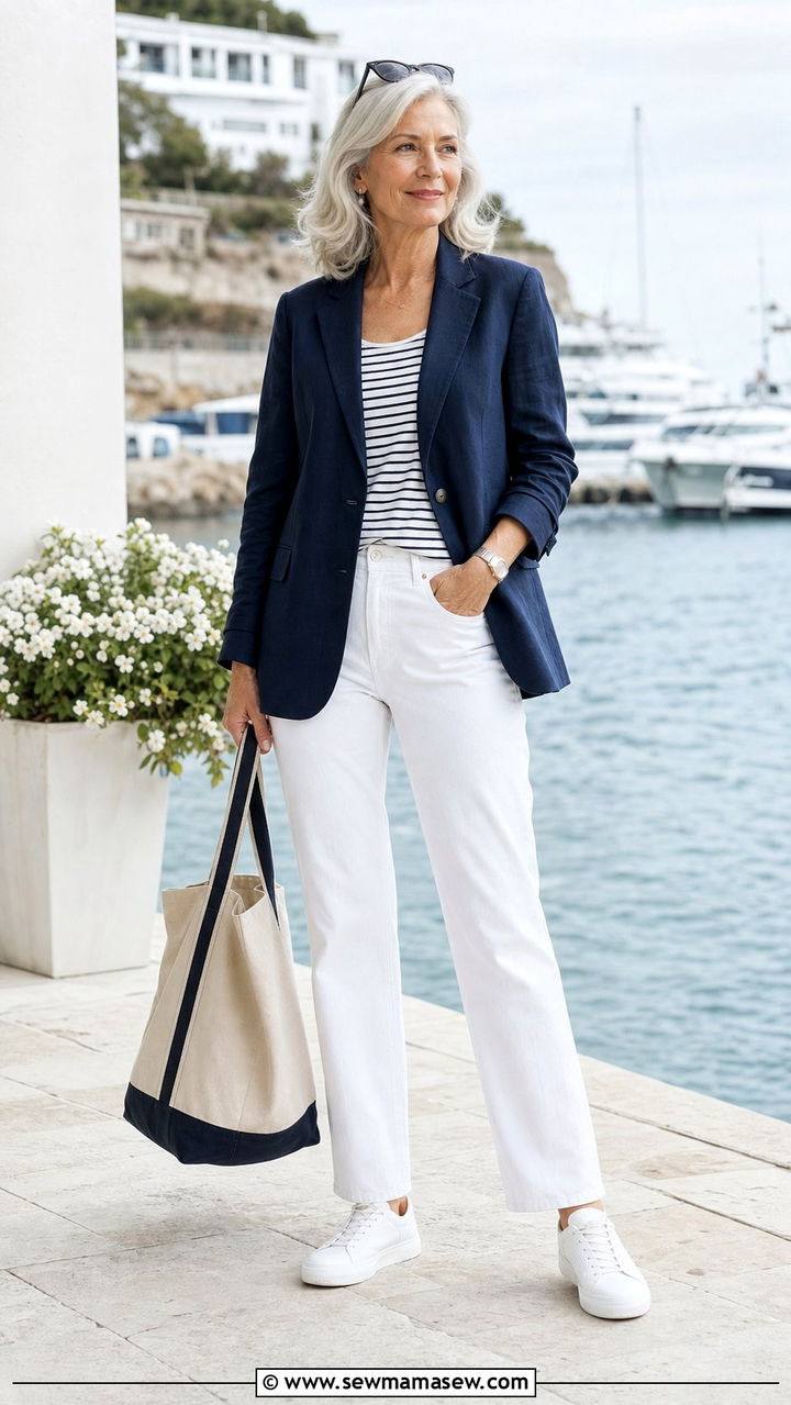 White Jeans With a Navy Linen Blazer - 25 Elevated casual outfit ideas for women over 60