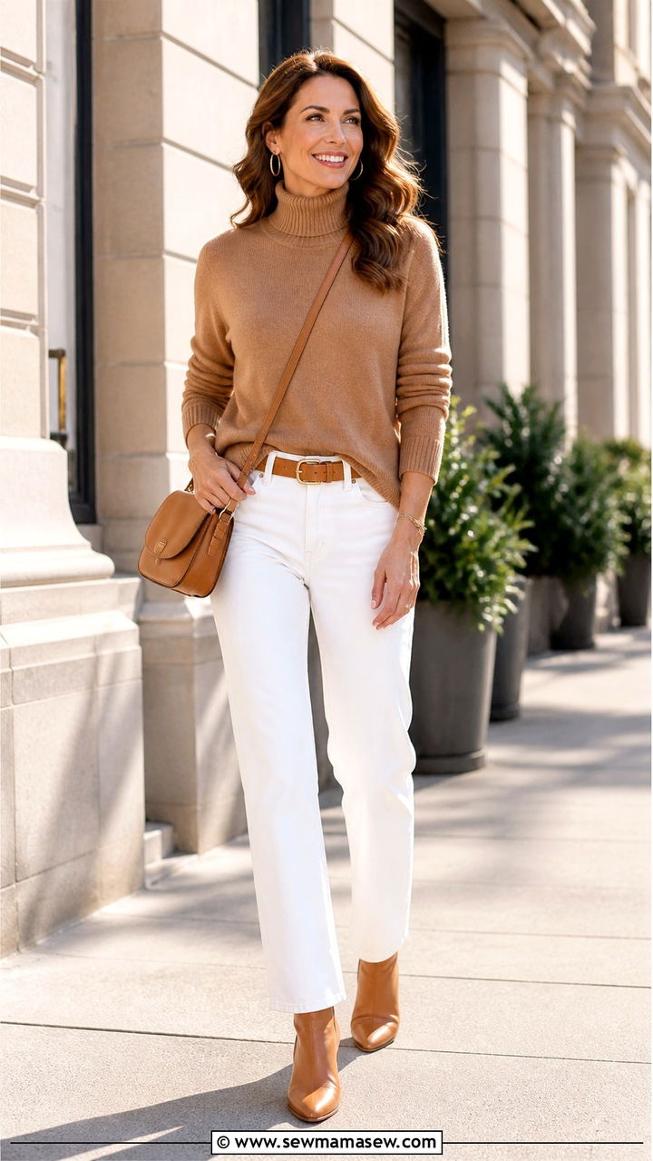 White Jeans and Camel Sweater for 40th Birthday - 40 birthday outfit ideas for women
