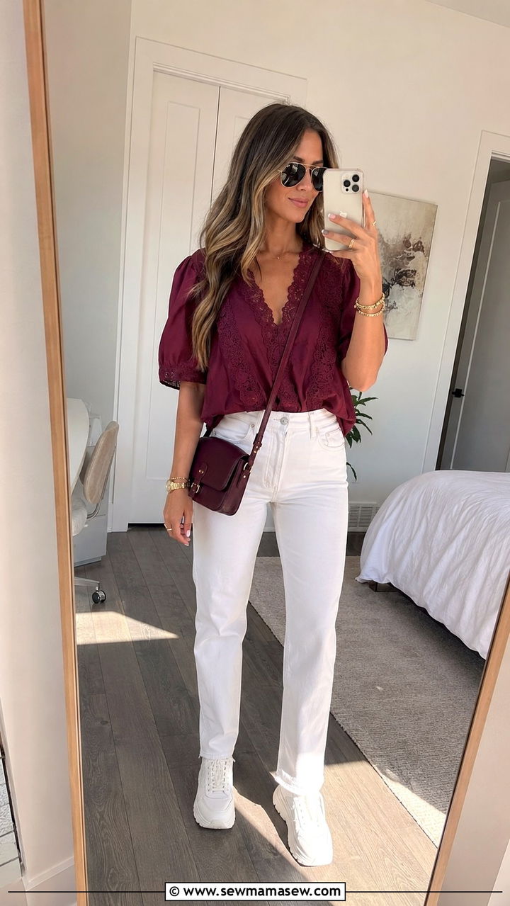 White Jeans and Maroon Top Outfit - 20 Gameday outfit ideas Texas A&M