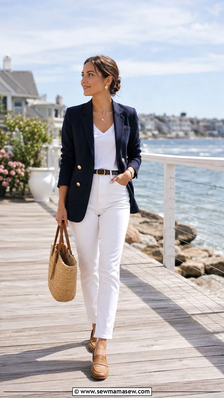 White Jeans and Navy Blazer With Loafers - 30 Old money outfits for petite women