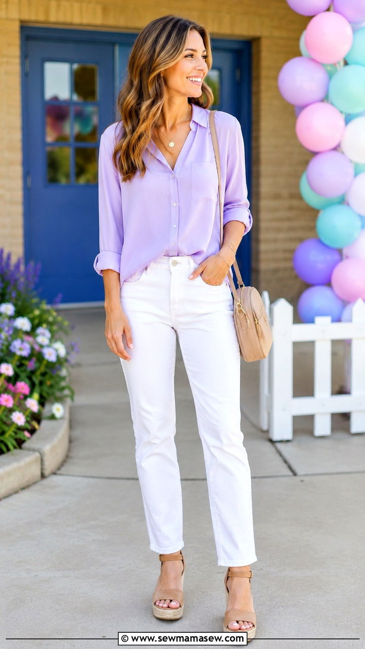White Jeans and Pastel Blouse - 30 Kindergarten graduation outfit ideas for moms
