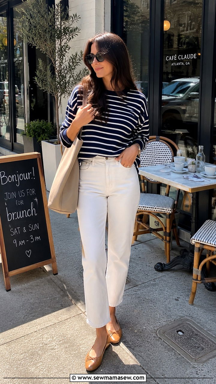 White Jeans and Striped Sweater Combo - 30 Spring brunch with friends outfits