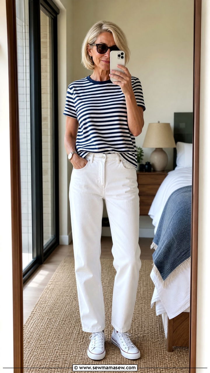 White Jeans and Striped Tee - 30 Summer outfits for women over 70