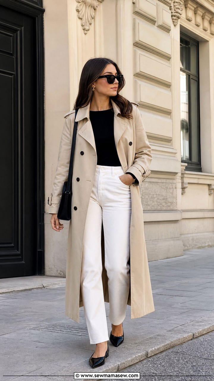 White Jeans and Trench Coat Outfit - 30 clean girl outfits to copy
