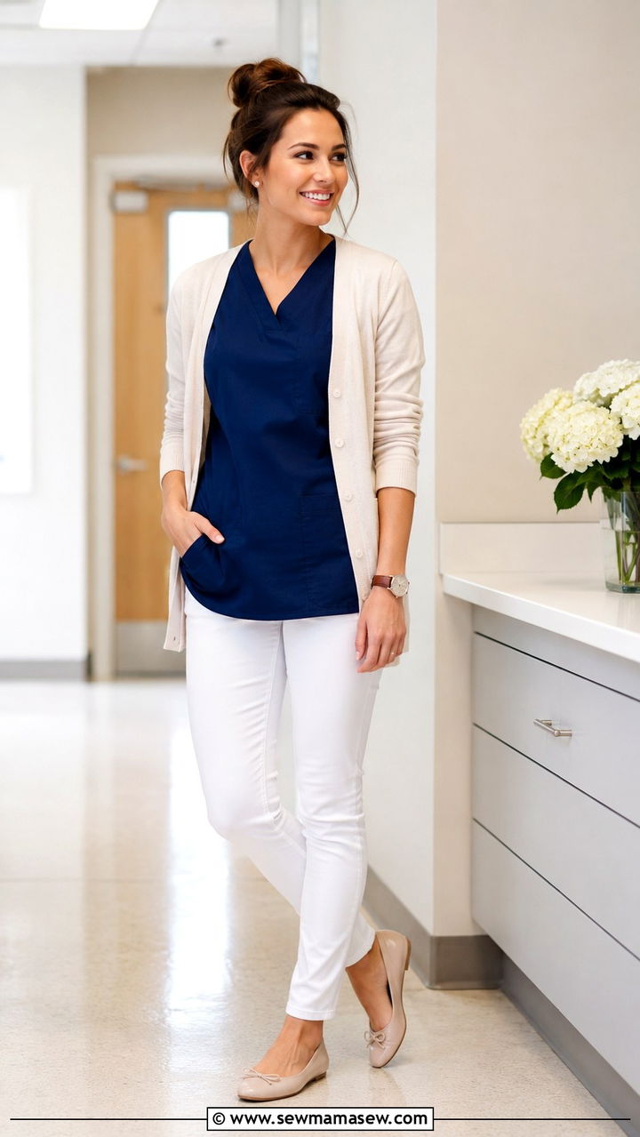 White Jeans and a Navy Nurse Tunic for Clinic Days - 30 Spring outfit ideas for nurse