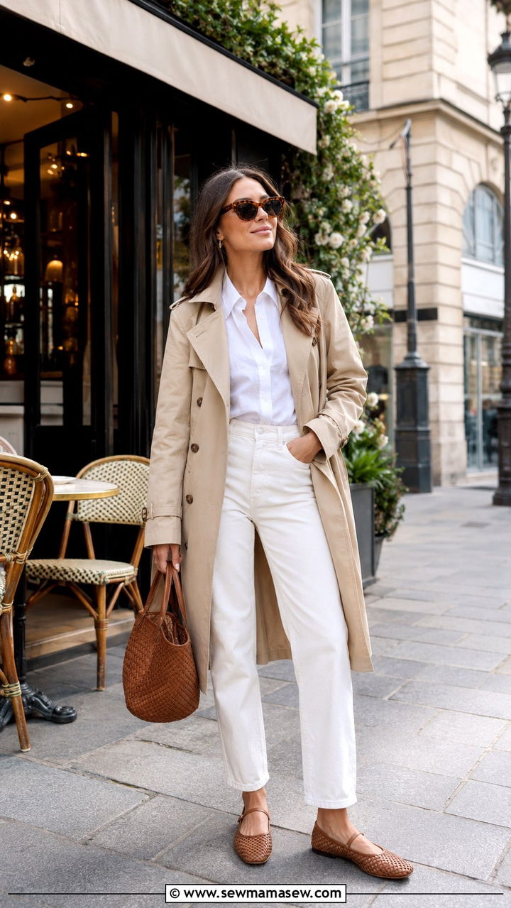 White Jeans with Button Down Shirt and Trench Coat - 30 spring paris trip outfit ideas