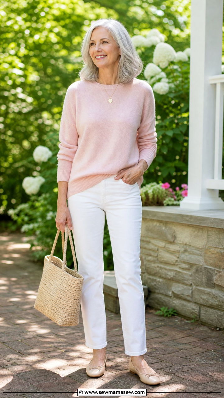 White Jeans with Cashmere Sweater and Ballet Flats - 35 Jeans outfit ideas for women over 60
