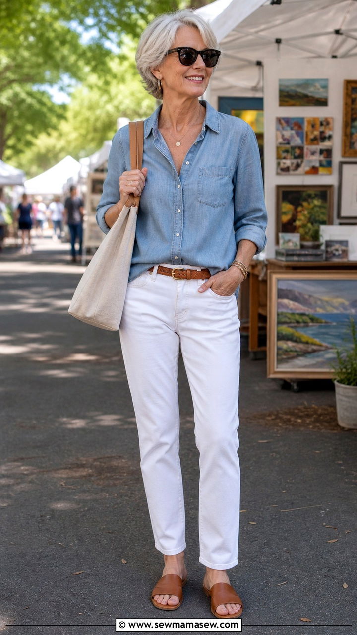 White Jeans with Chambray Shirt Summer Outfit - 40 Summer outfit ideas for women over 60 2026